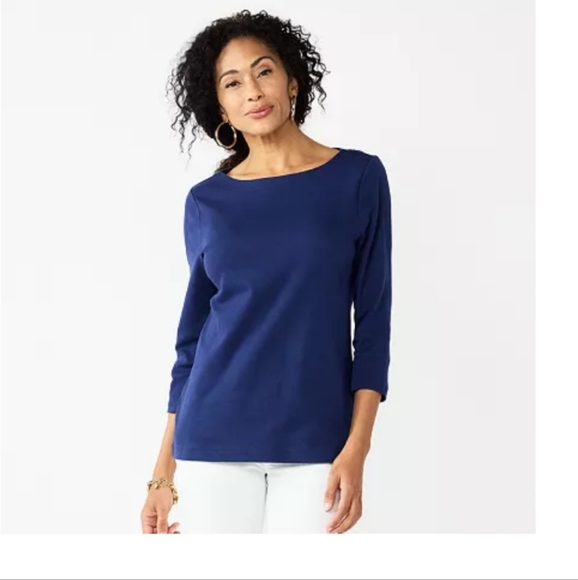 Croft And Barrow Navy Three-Quarter Sleeve Women's Top Size Large Boatneck (EUC) - Picture 1 of 11